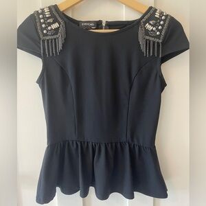 Bebe Embellished Studded Shoulder Peplum Short Sleeve Top